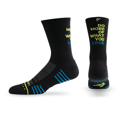 Pair of Lightfeet Performance Do More Of What You Love Black Yellow Aqua Crew Socks 
