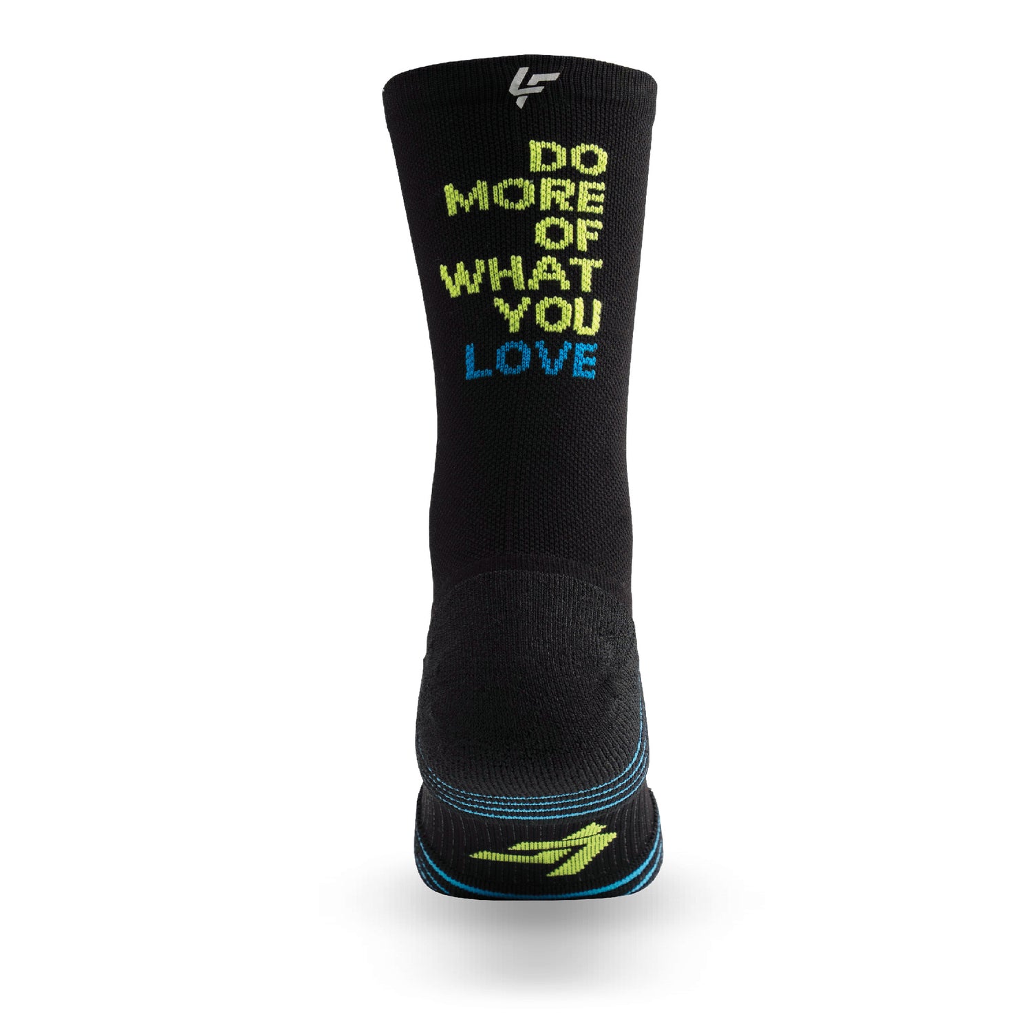 Heel view of Lightfeet Performance Do More Of What You Love Black Yellow Aqua Crew Socks 