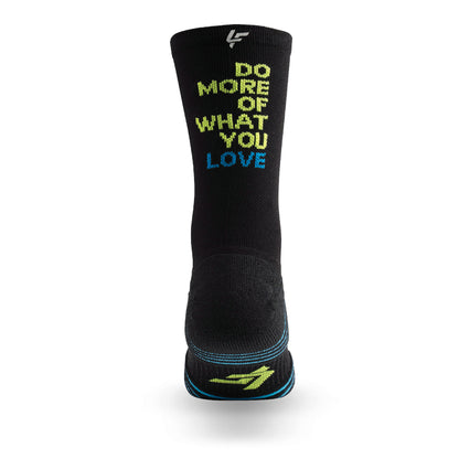 Heel view of Lightfeet Performance Do More Of What You Love Black Yellow Aqua Crew Socks 