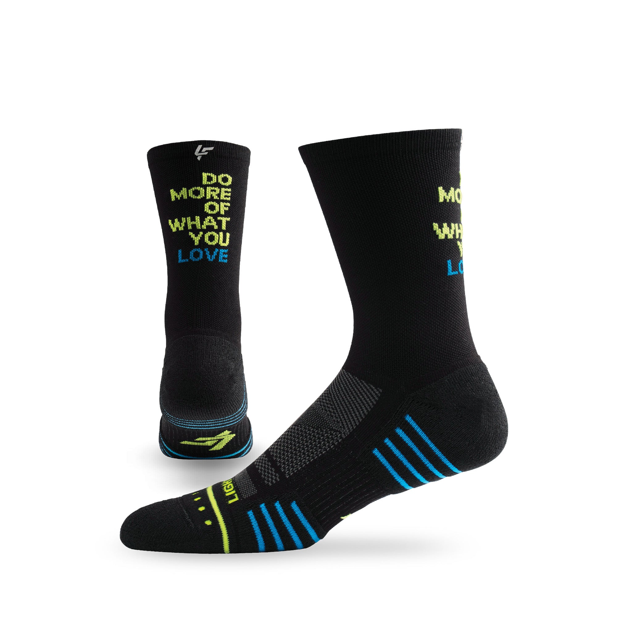 Pair of Lightfeet Performance Do More Of What You Love Black Yellow Aqua Crew Socks 