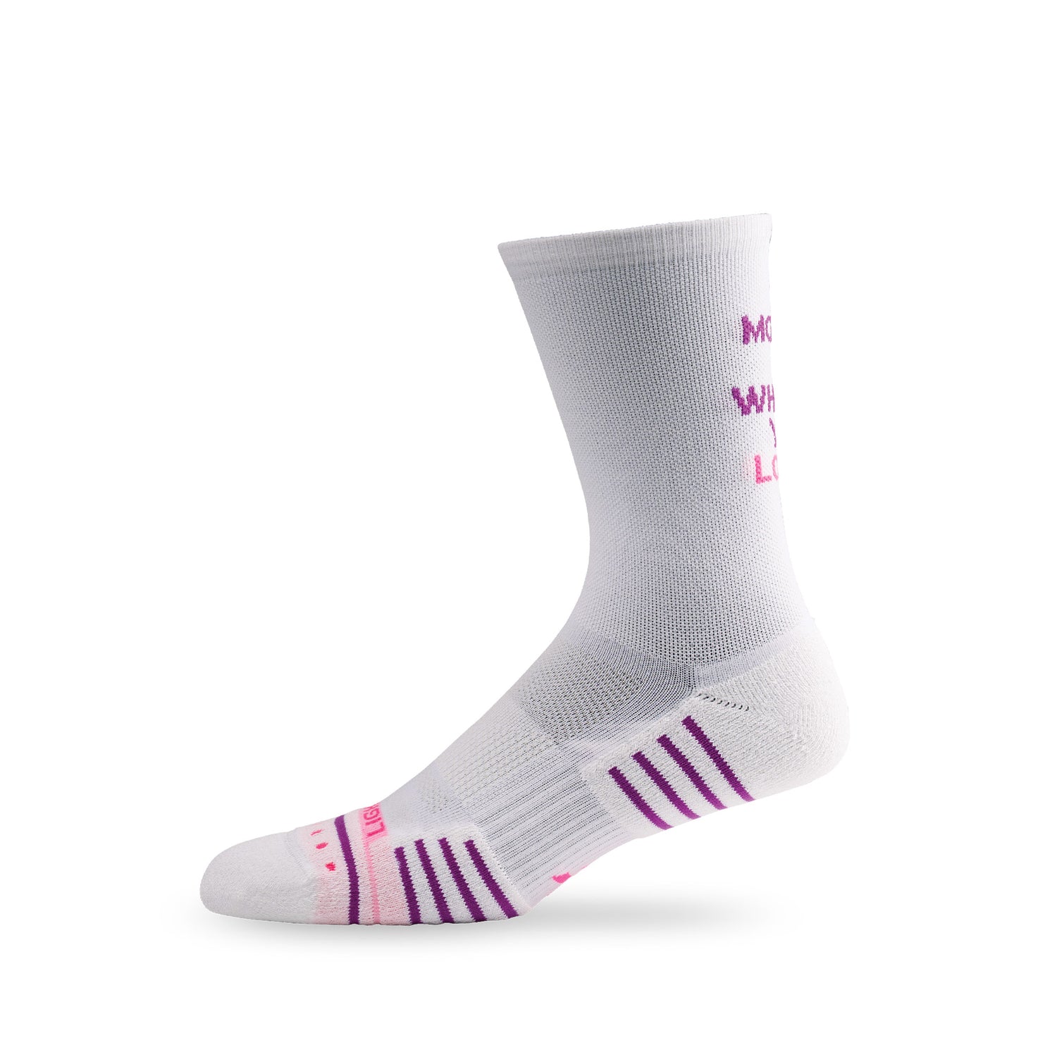Side view of Lightfeet Performance Do More Of What You Love White Purple Pink Crew Socks 