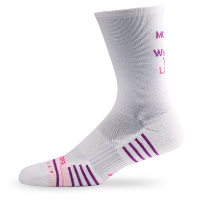 Side view of Lightfeet Performance Do More Of What You Love White Purple Pink Crew Socks 