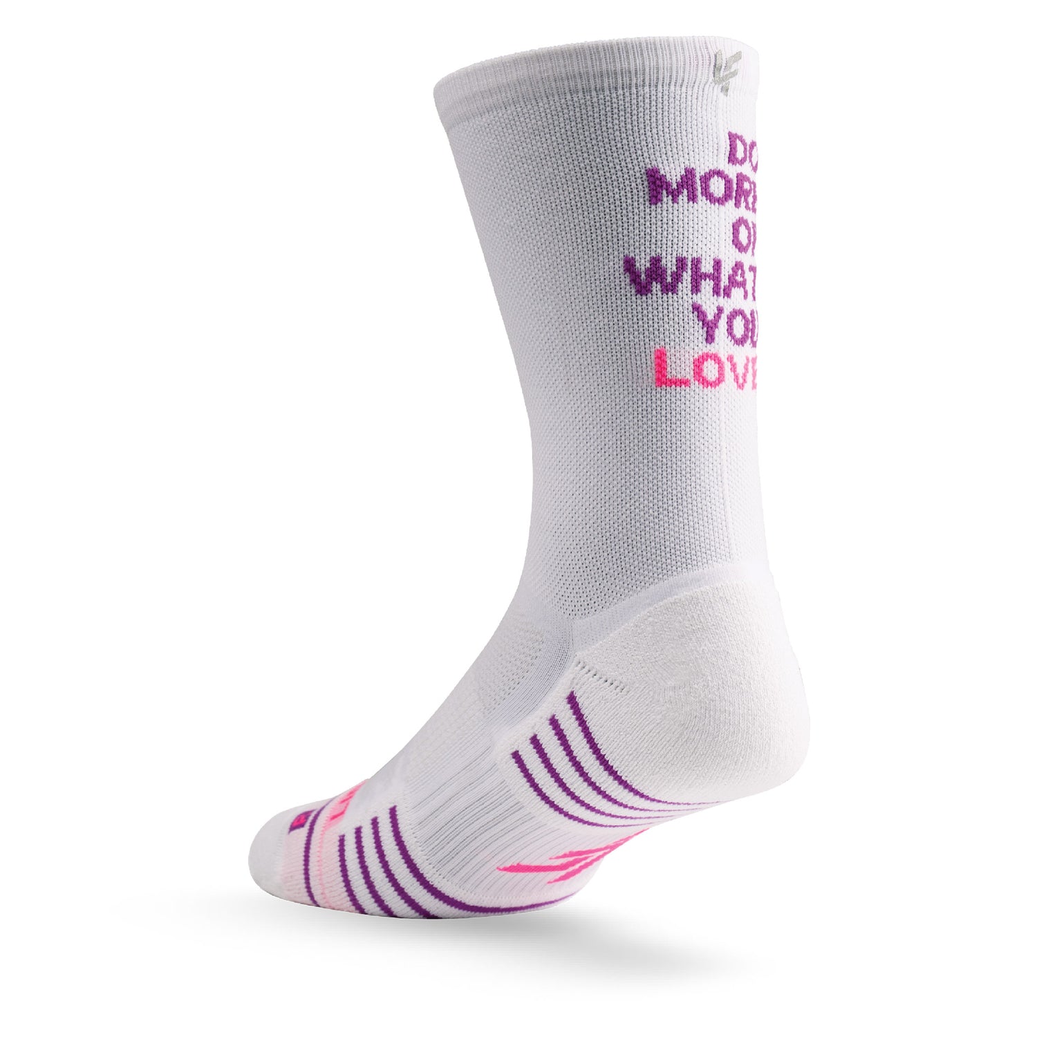 Heel view of Lightfeet Performance Do More Of What You Love White Purple Pink Crew Socks 