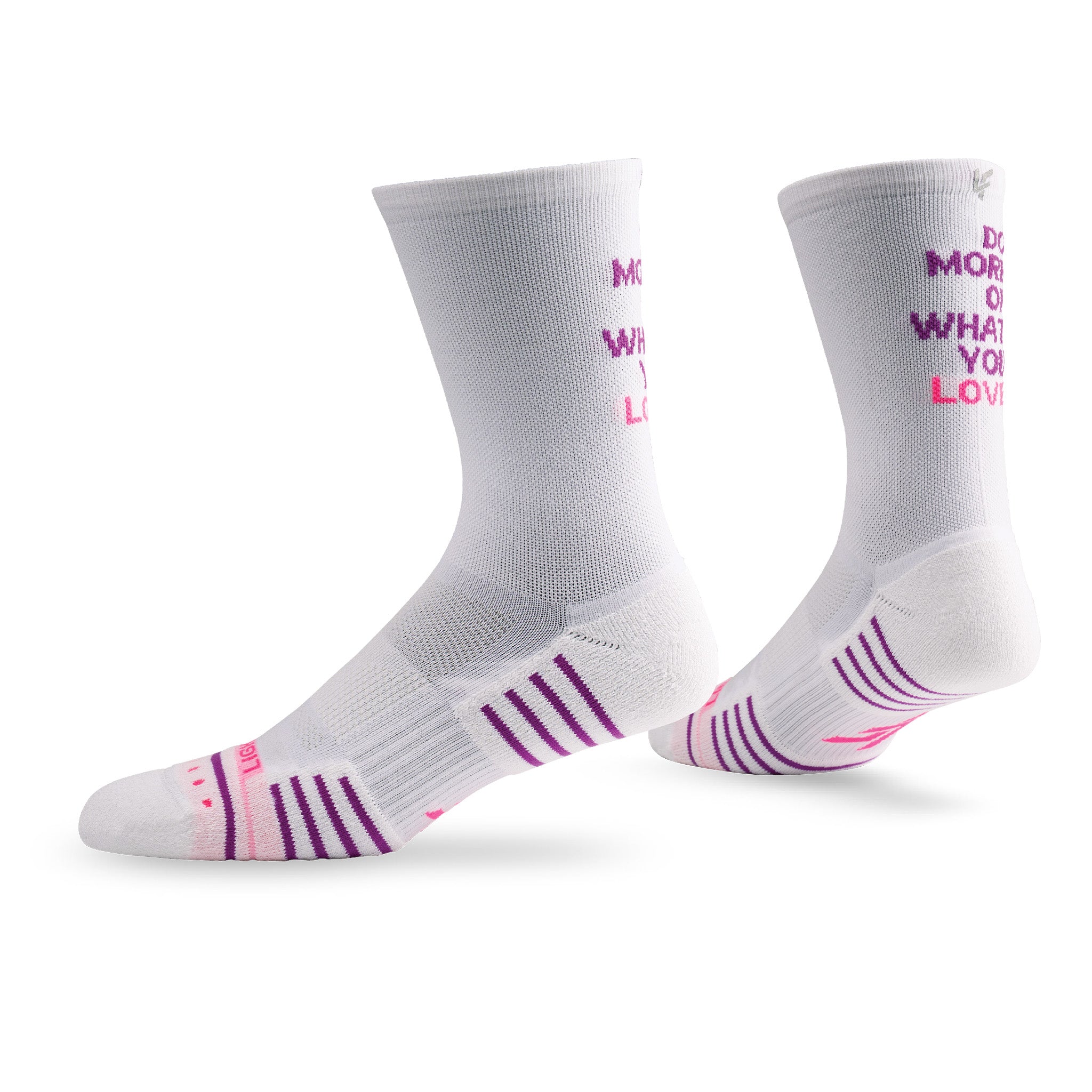 Pair of Lightfeet Performance Do More Of What You Love White Purple Pink Crew Socks 
