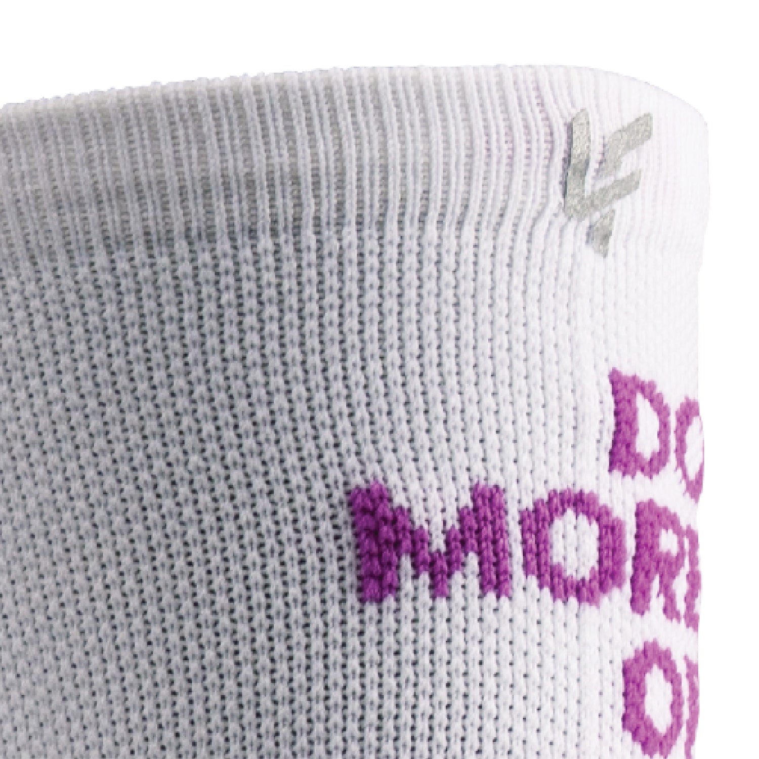 Close up view of reflective print symbol on Lightfeet Performance Do More Of What You Love White Purple Pink Crew Socks 