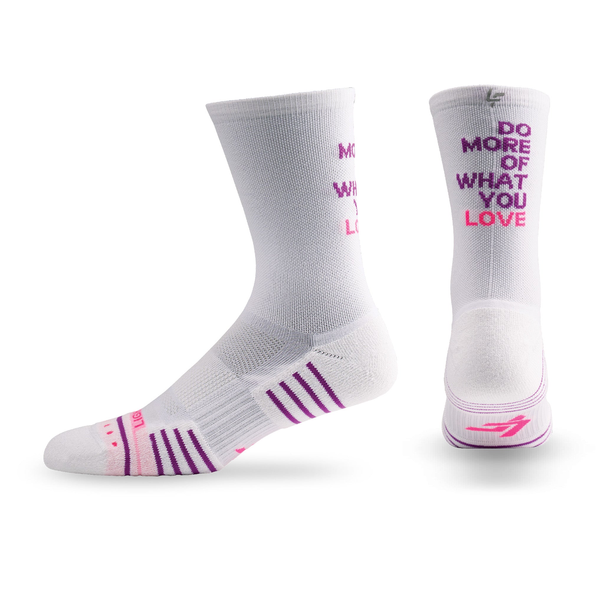 Pair of Lightfeet Performance Do More Of What You Love White Purple Pink Crew Socks 