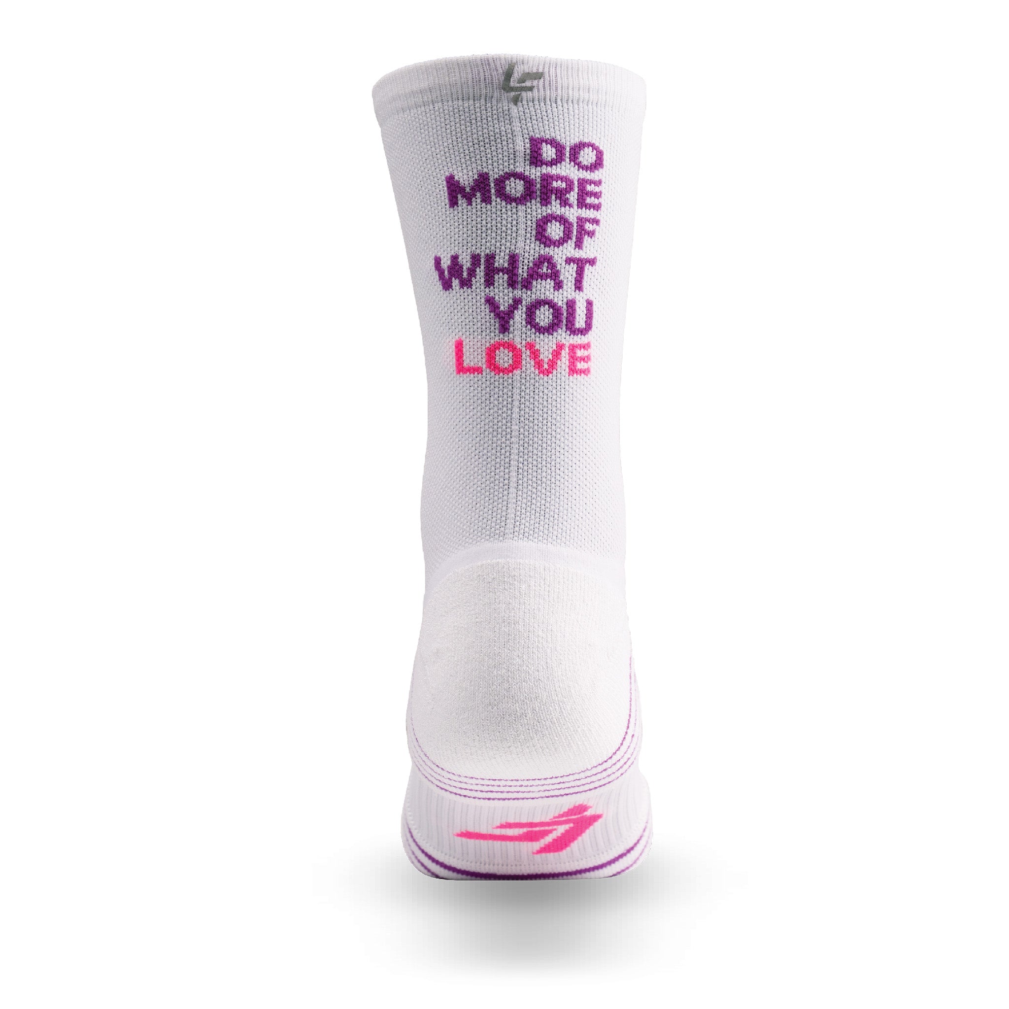 Heel view of Lightfeet Performance Do More Of What You Love White Purple Pink Crew Socks 