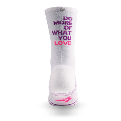 Heel view of Lightfeet Performance Do More Of What You Love White Purple Pink Crew Socks 