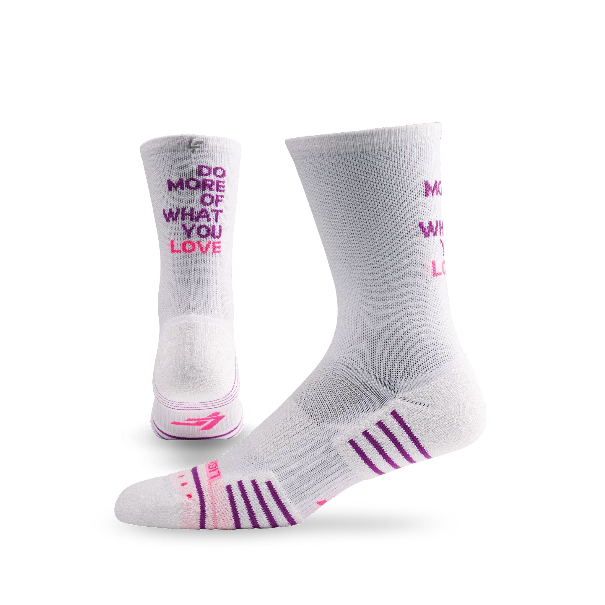 Pair of Lightfeet Performance Do More Of What You Love White Purple Pink Crew Socks 