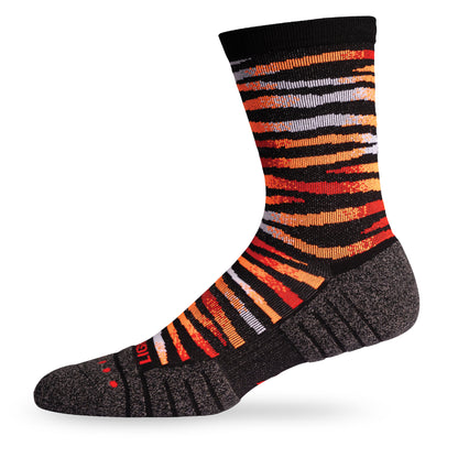 Side view of Lightfeet Performance Predator Black Red Orange Half Crew Sock 