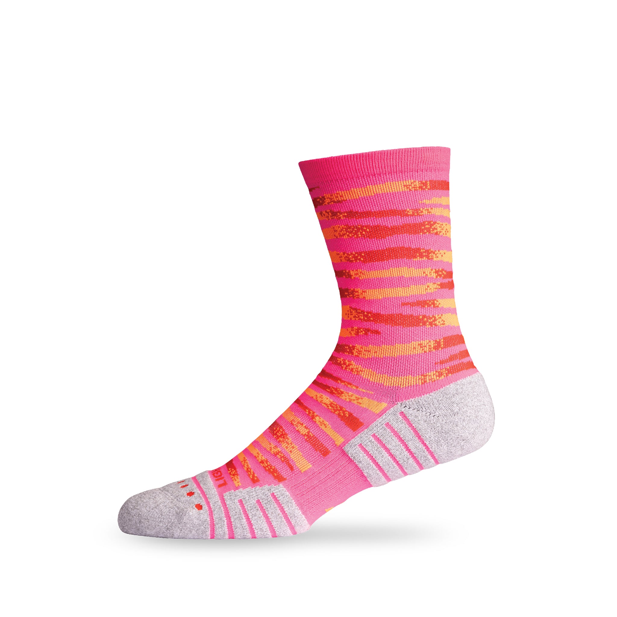 Side view of Lightfeet Performance Predator Pink Red Orange Half Crew Sock 