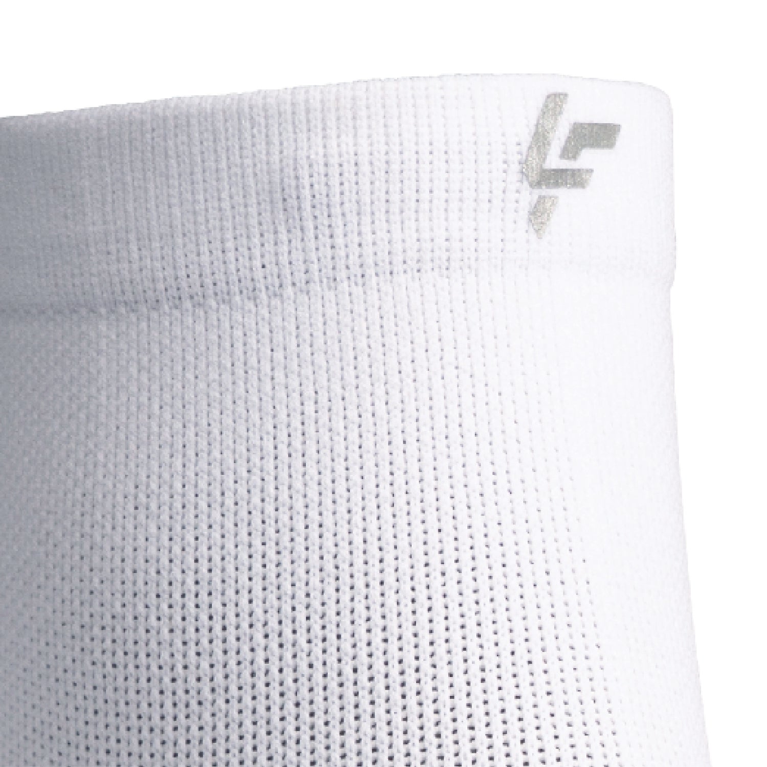 Close up view of reflective symbol on Lightfeet Performance White Quarter Crew Sock 
