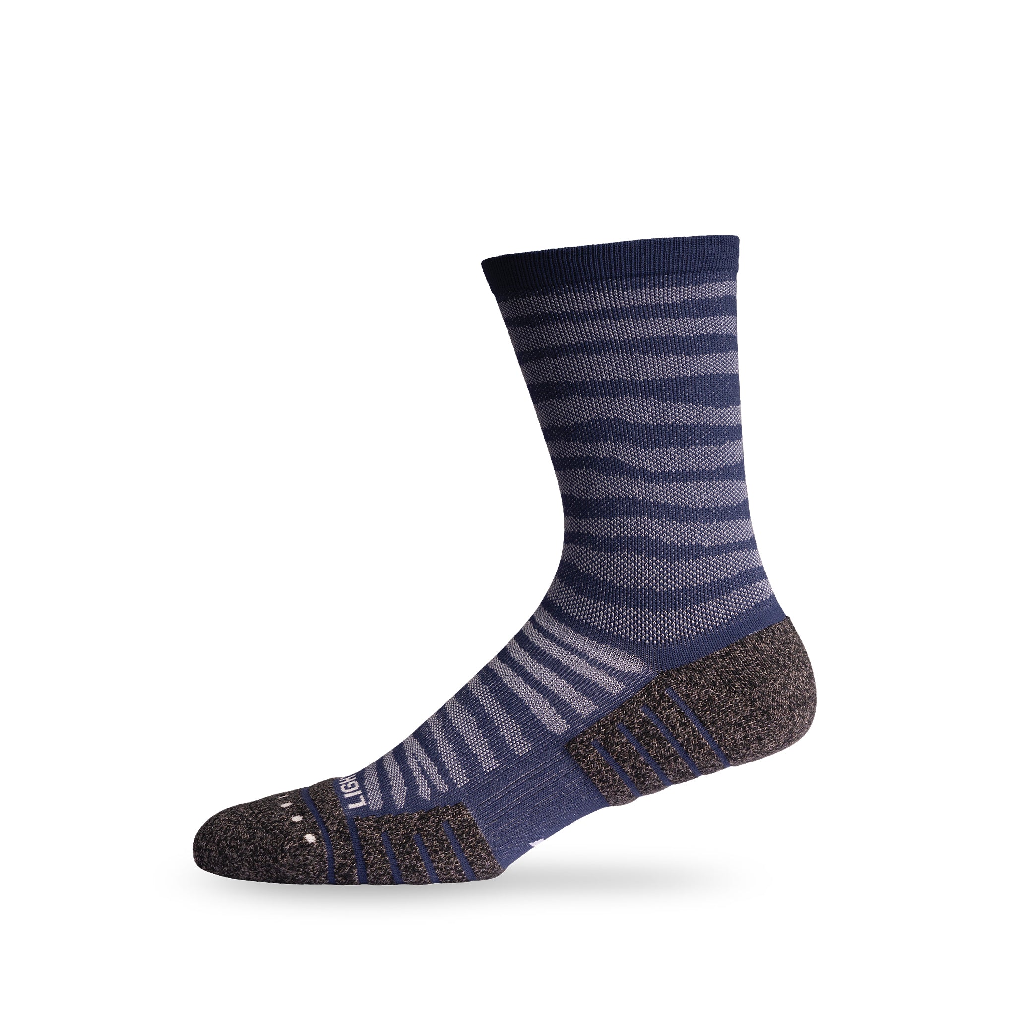 Side view of Lightfeet Performance Raster Navy Half Crew Sock 