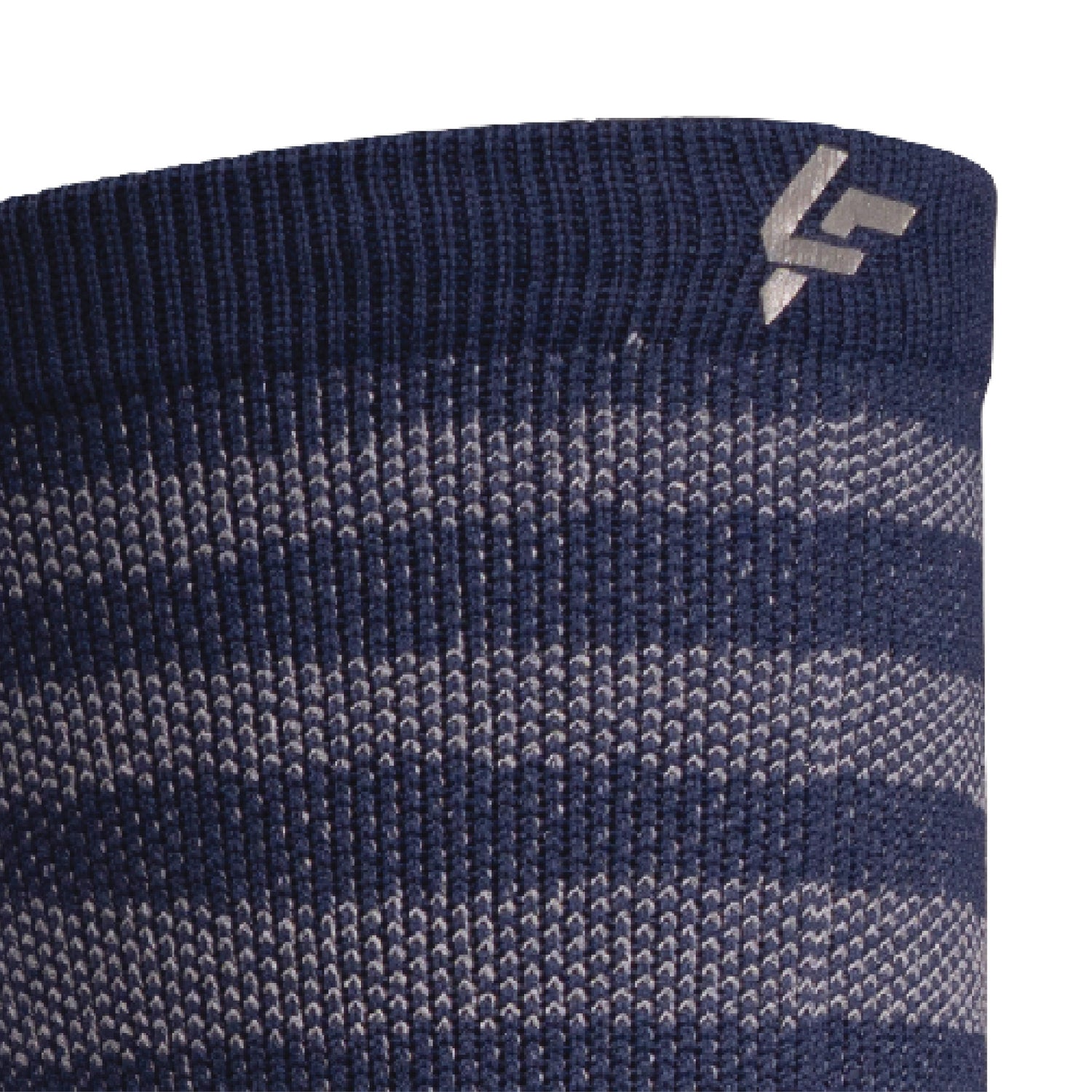 Close up view of reflective print symbol on Lightfeet Performance Raster Navy Half Crew Sock 