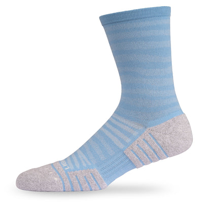 Side view of Lightfeet Performance Raster Soft Blue Half Crew Sock 