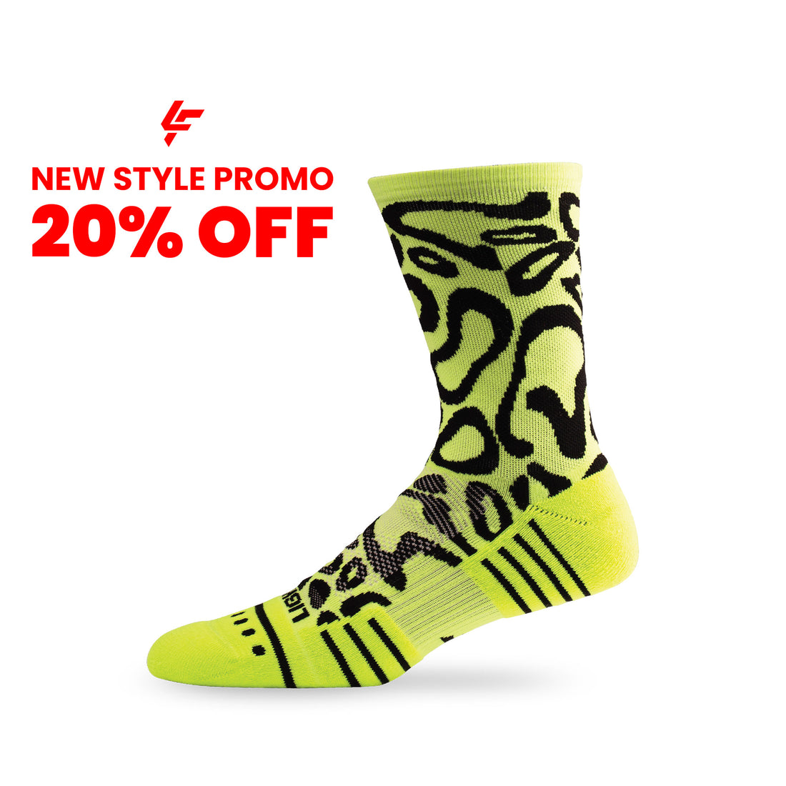 Side view of Lightfeet Performance Scribbles Yellow Black Crew Socks 