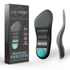 Image of Lightfeet Plantar Fasciitis Comfort Orthotic Insoles showing the packaging and the bottom and side profile of the insole 