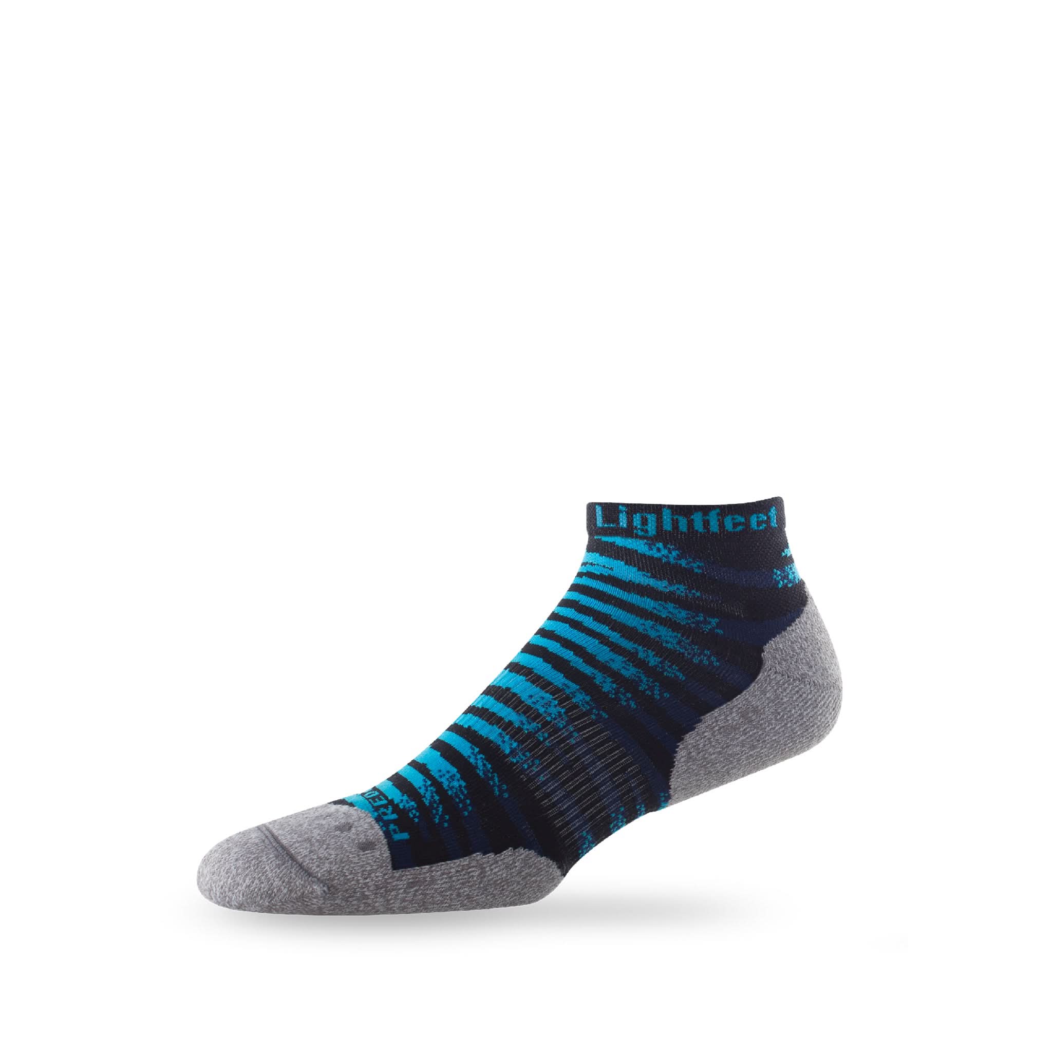 Side view of Lightfeet Predator Black Aqua Navy Mini Crew Performance Running Sock 