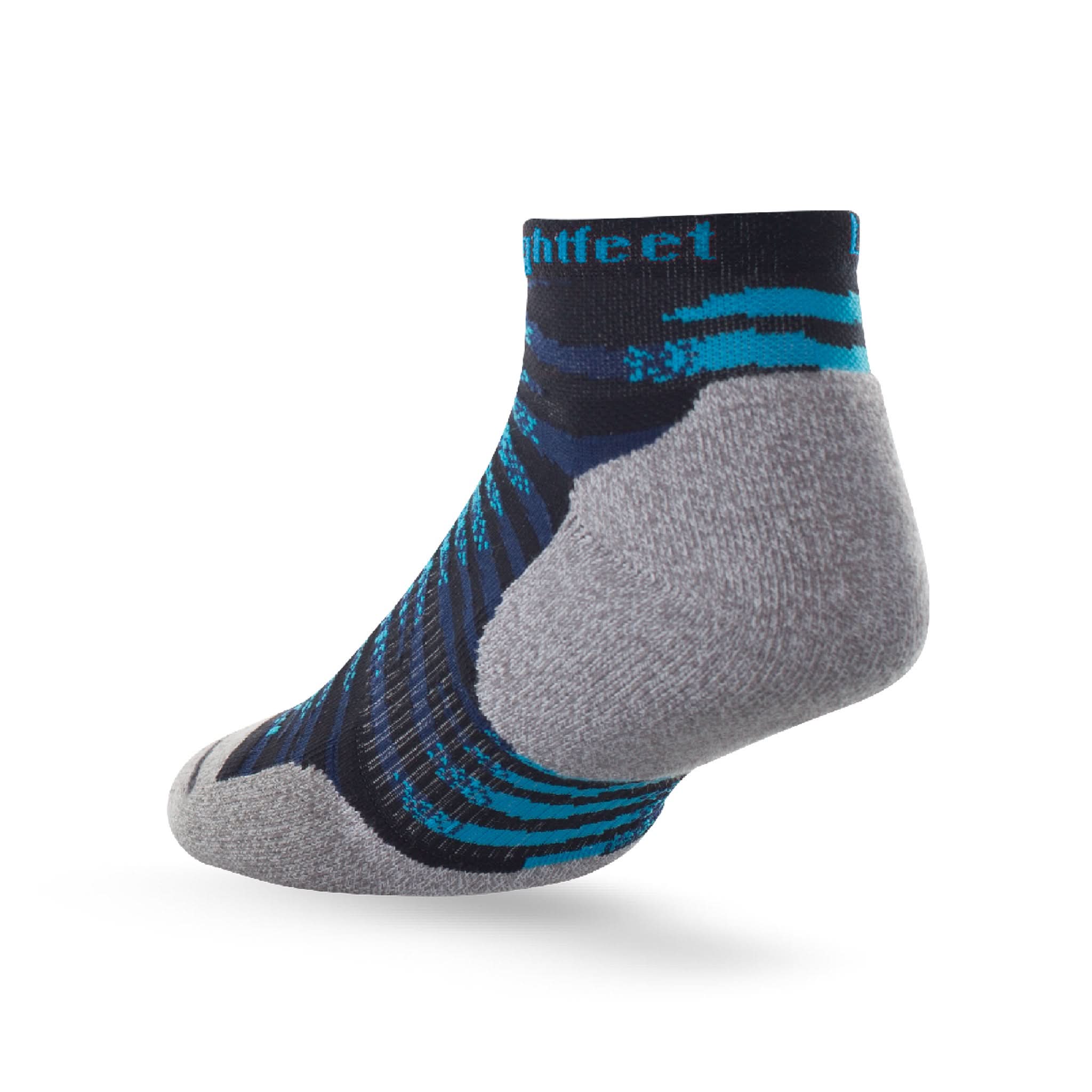 Heel view of Lightfeet Predator Black Aqua Navy Mini Crew Performance Running Sock 