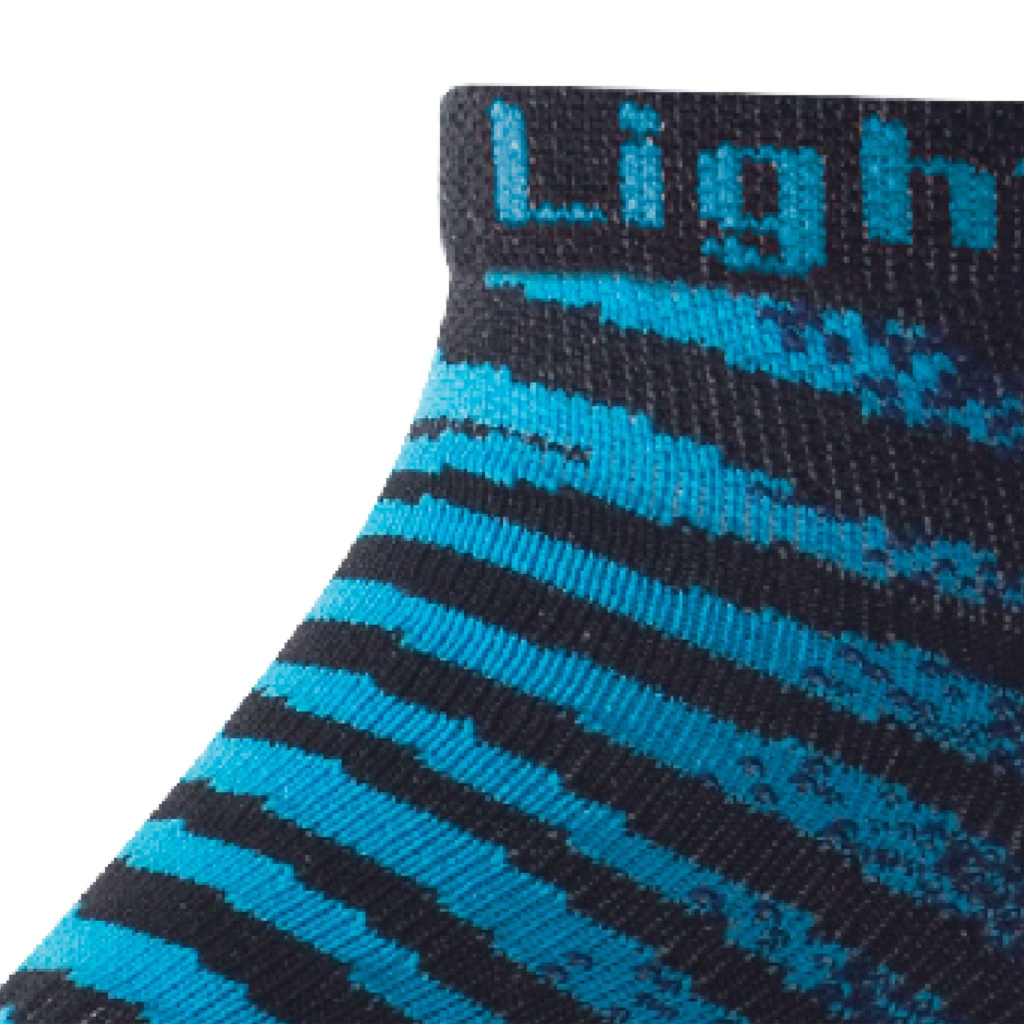 Close up view of mesh on Lightfeet Predator Black Aqua Navy Mini Crew Performance Running Sock 