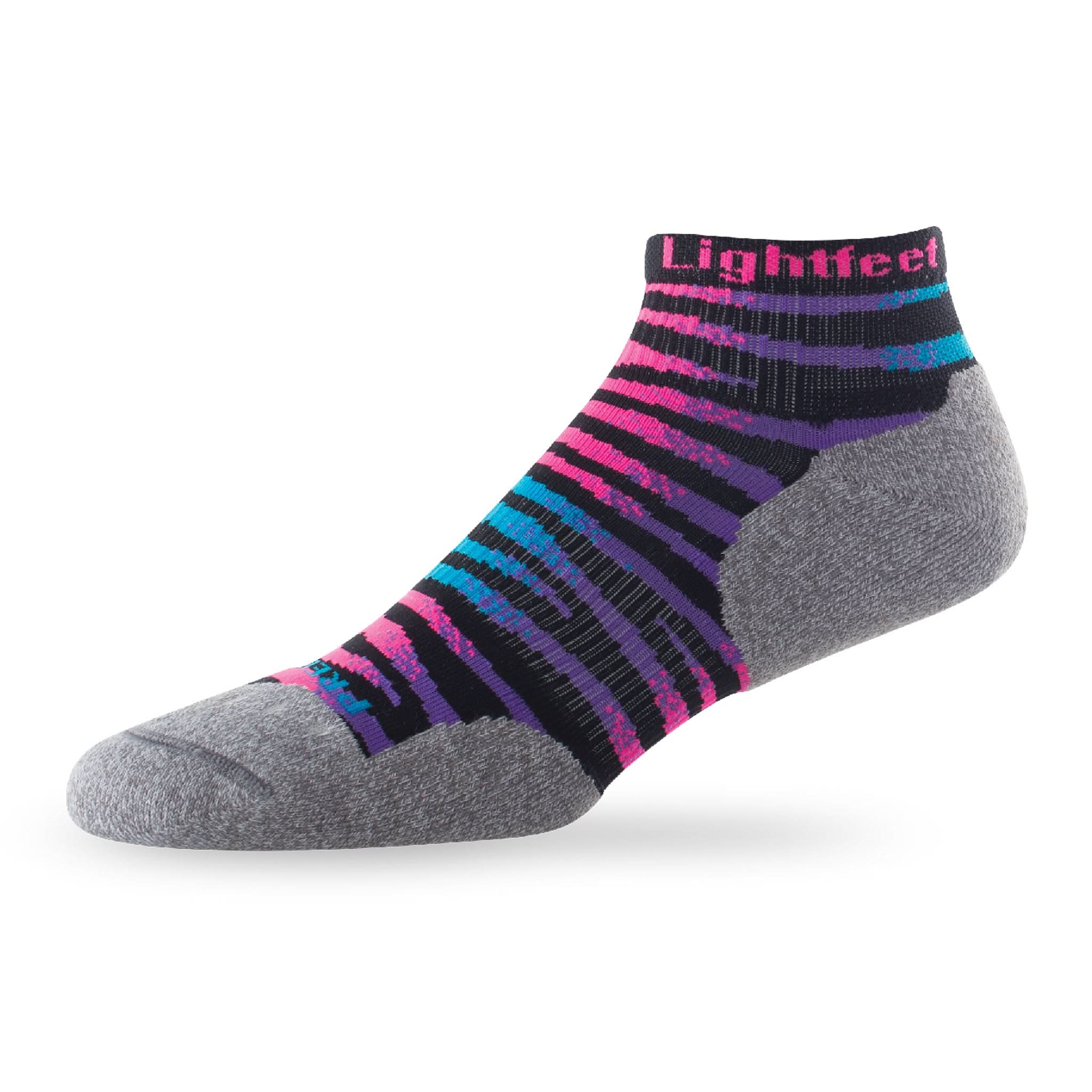 Side view of Lightfeet Predator Black Fluro Pink Mini Crew Performance Running Sock 