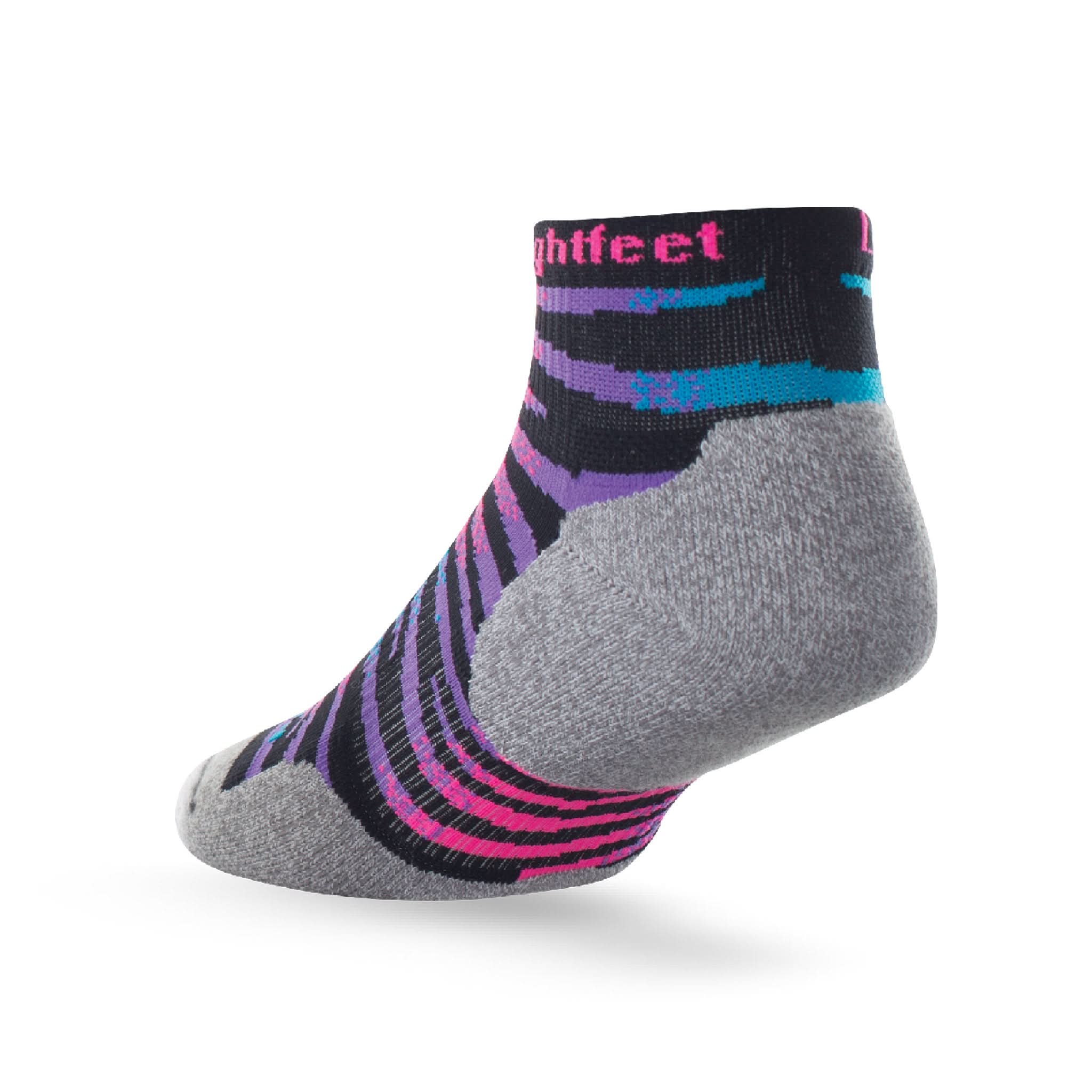 Heel view of Lightfeet Predator Black Fluro Pink Mini Crew Performance Running Sock 