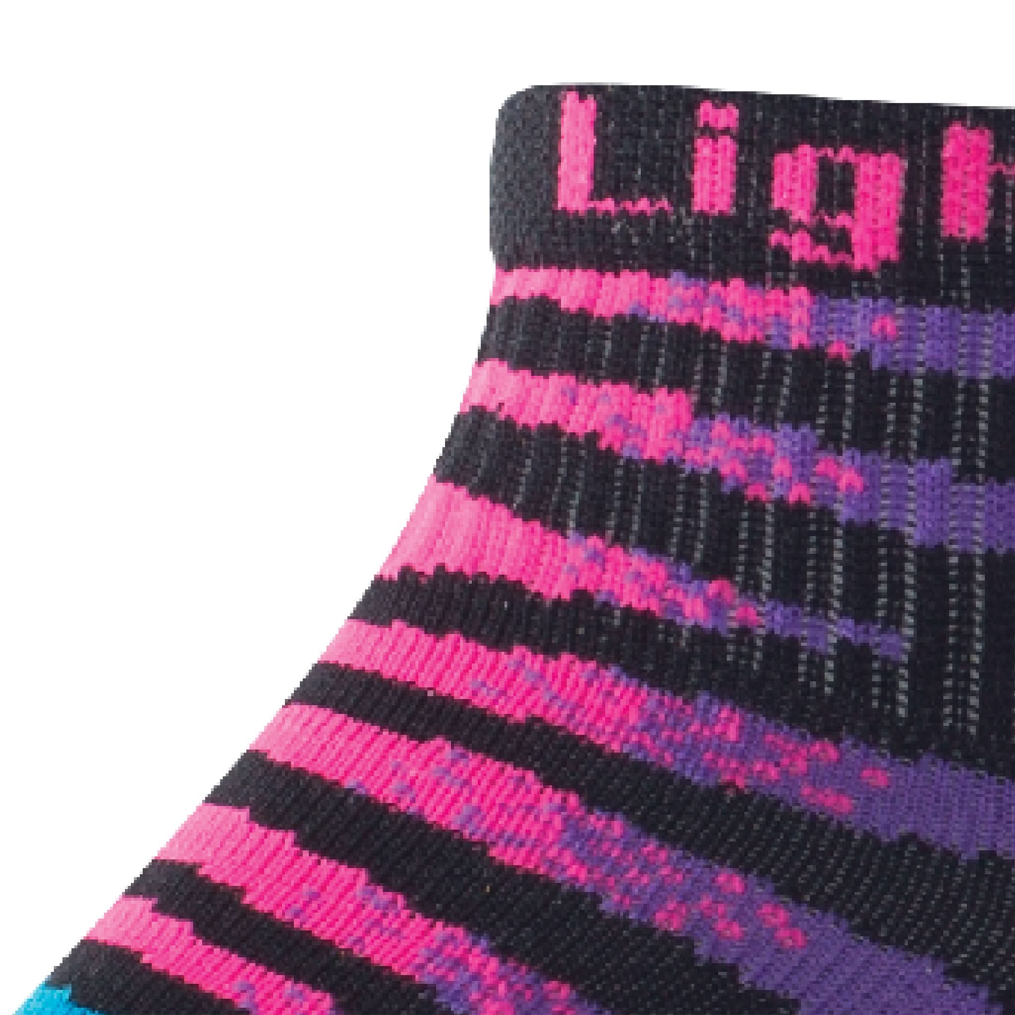 Close up view of mesh on Lightfeet Predator Black Fluro Pink Mini Crew Performance Running Sock 