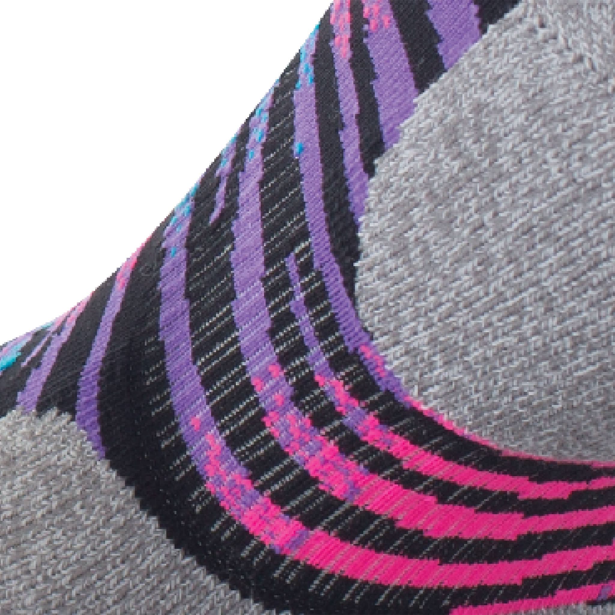 Close up view of elastic arch of Lightfeet Predator Black Fluro Pink Mini Crew Performance Running Sock 