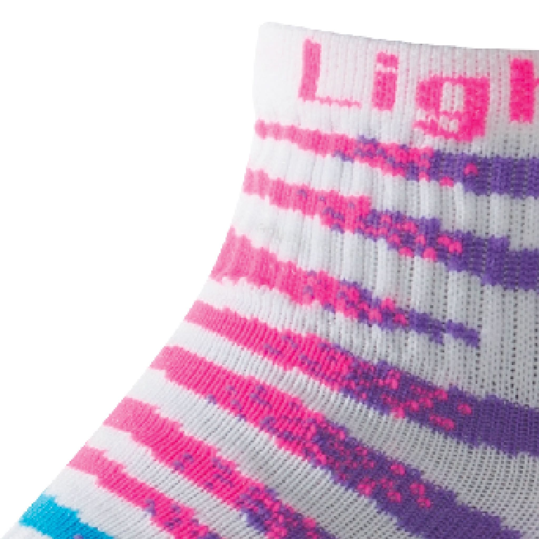 Close up view of mesh on Lightfeet Predator White Fluro Pink Mini Crew Performance Running Sock 