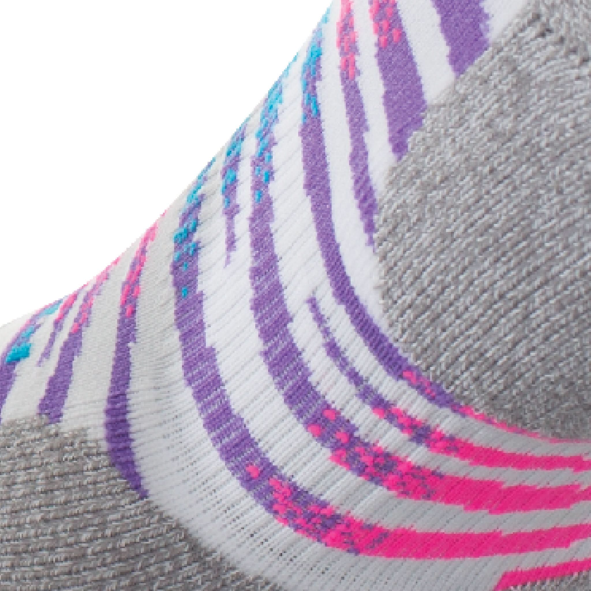 Close up view of elastic arch of Lightfeet Predator White Fluro Pink Mini Crew Performance Running Sock 